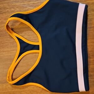 SPLITS59 Sports Bra Navy Blue Orange & Pink Trim Racerback, Small- NWOT